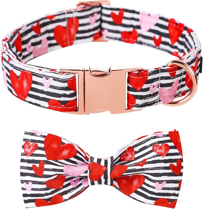 Lionet Paws Valentines Dog Collar with Bowtie, Dog Bowtie Collar with Metal Buckle for Dogs, Adjustable Comfortable Dogs Collars Girl Boy Hearts, M, Neck 13.5-22 in