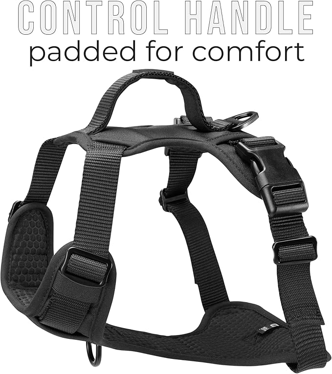 TUG Dog Harness with 2 Leash Connection Points | Adjustable, Padded, Lightweight | Handle on Back | No-Pull Front Clip (Large, Black)