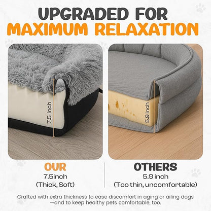 Miorun Fluffy Orthopedic Dog Bed for Small & Medium Dogs and Cats, Calming Plush Sofa Bed with Curved Bolster Support and Egg-Crate Foam Base, 35" Cozy Oval Pet Donut Bed with Washable Cover, Gray
