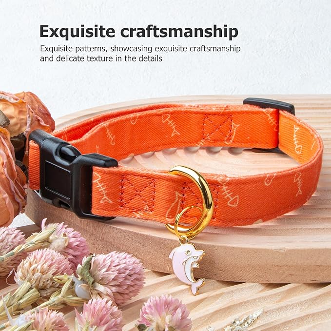 Cotton Handmade Dog Collar Cute and Distinctive Patterns Orange Fish with Pendant for Girl Boy Dogs Collars M