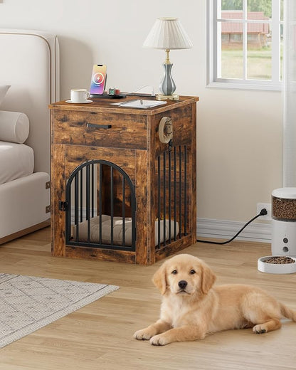 CHOEZON Dog Crate Furniture, Wooden Dog House with Charging Station and Storage Drawer, Indoor Pet Crate End Table for Small Breeds, for Living Room, Bedroom, Rustic Brown MGW01UFG
