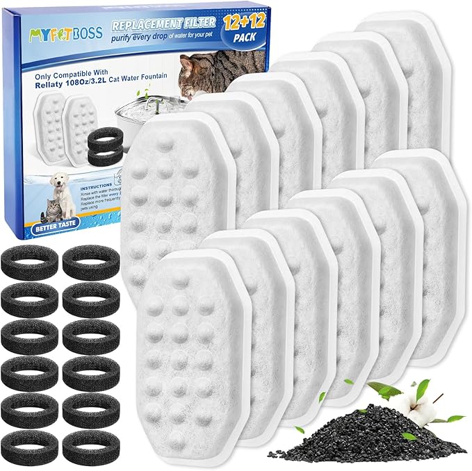 MyfatBOSS 24 Pack Stainless Steel Cat Fountain Filters Compatible with Rellaty & Fit for Neareal Cat Fountain 108oz/3.2L, Replacement for Automatic Pet Fountain Dog Water Dispenser