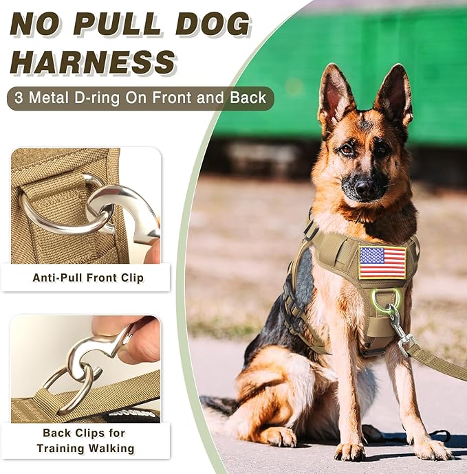 Service Dog Vest and Leash Set,Heavy Duty Tactical Dog Harness with Metal Buckles for Medium Sized Dogs,Adjustable No-Pull Dog Harness with 10 Patches for Training Working Hiking,Brown M