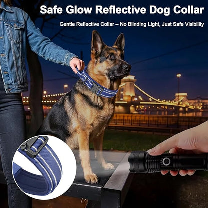 KCUCOP Tactical Dog Collar for Medium & Large Dogs - Military Nylon Heavy Duty Collar with Handle, Reflective Strip & Metal Buckle for Training, Outdoor (Dark Blue Reflective, XLarge)