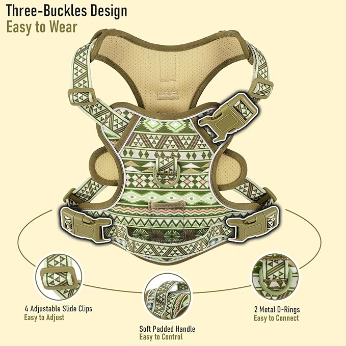 No Pull Dog Harness for Large Dogs with 2 Metal Clips, Easy On/Off with Neck Buckle, Heavy Duty Adjustable Puppy Vest, Breathable Pet Harness with Easy Control Handle, Green Ethnic L