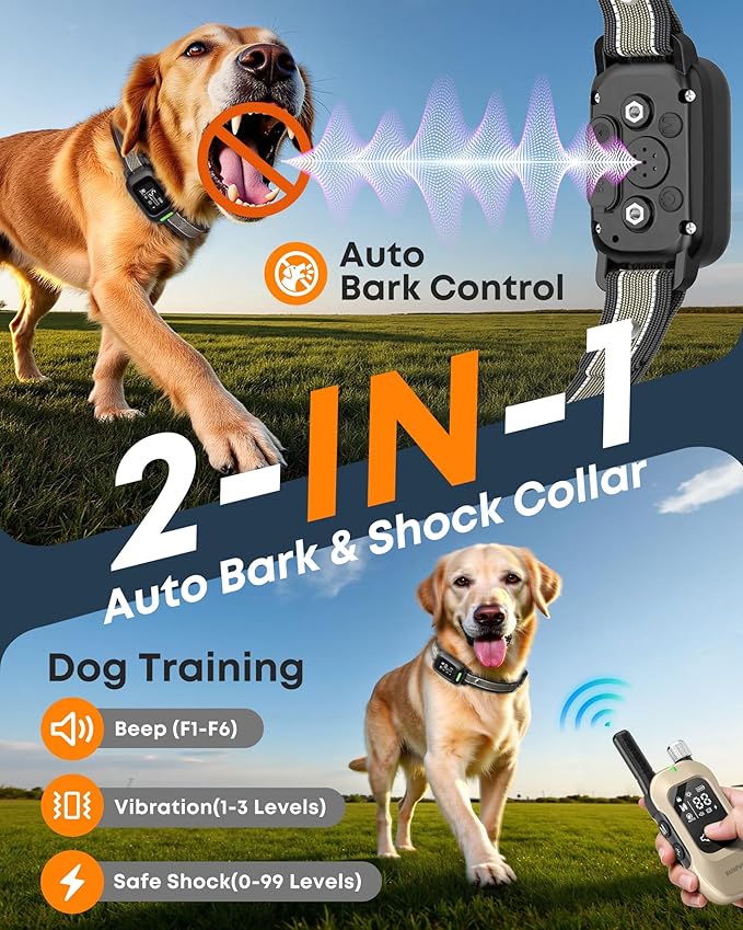 Delupet 2-in-1 Dog Bark & Shock Collar – 4500FT Dog Training Collar with Remote, 3 Training Modes & LED Light, IPX8 Waterproof E Collars with Anti-Barking for Small Medium Large Dog (Titanium)