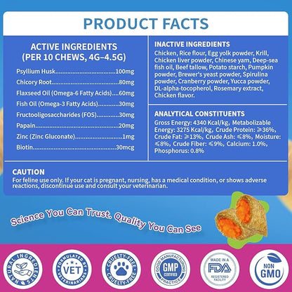 Cat Hairball Support Chews 500 Chews, Cat Hairball Remedy Treats Crunchy Shell with Krill Core, Furball Control Relief, Digestion, Supports Skin & Coat, Chicken Flavor, for All Breeds & Ages Cats
