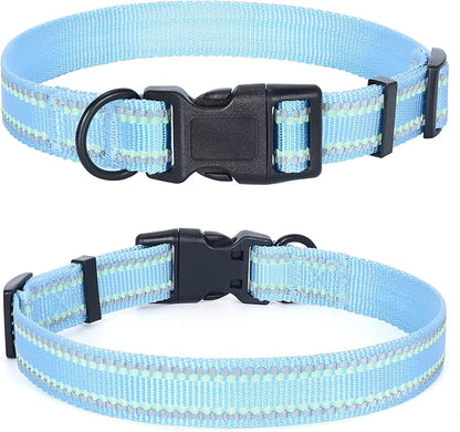 Mile High Life Reflective Dog Collar, Basic Dog Collars Adjustable Quick Release, Soft Nylon Pet Collar with Metal D-Ring for Small Medium Large Dogs (Blue, L Neck15-19")