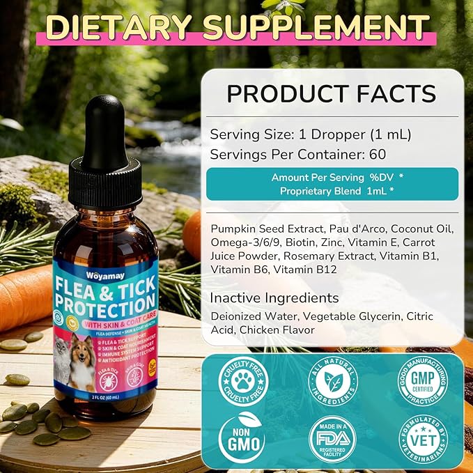 Woyamay Flea Defense + Skin & Coat Support, Natural Flea and Tick Prevention for Dogs & Cats, Dog & Cat Flea Treatment with Pumpkin Seed & Omega-3/6/9, Flea Drops for All Breeds & Ages, Chicken Flavor