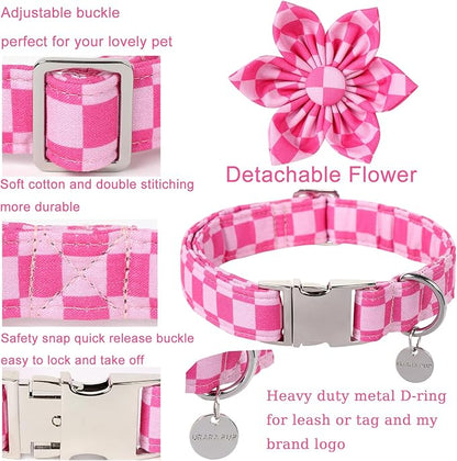 Dog Collar with Flower, UP URARA PUP Cute Pink Dog Bowtie Collar, Detachable Flower Bow Puppy Collar with Metal Buckle for Dogs,XS
