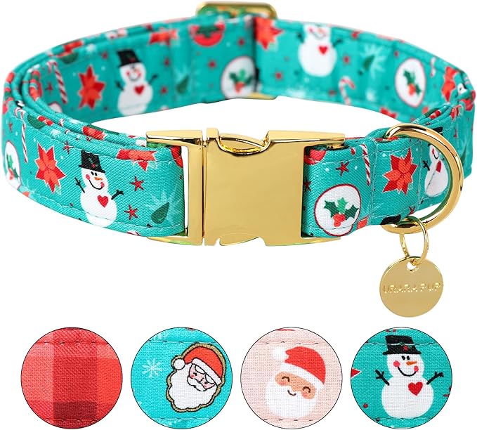 Christmas Dog Collar, Cotton Christmas Collar for Puppy Girl Dog or Cat, Green Dog Collar Flower with Durable Metal Buckle, Christmas Snowman Gift Pet Collar, XL