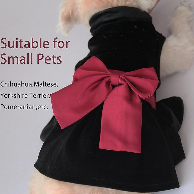 Pet Dresses for Small Dogs Cats Girl, Cute Princess Bowknot Dress Puppy Shirt All Weather Skirt Clothes Cat Apparel for Birthday Wedding Party Holiday (Medium, Velvet Black)
