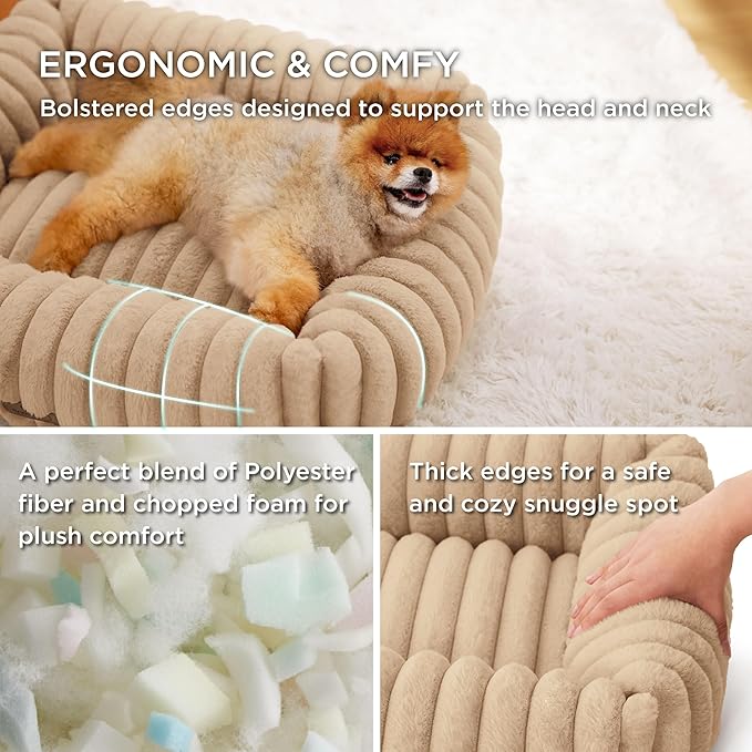Bedsure ComfyFleece Washable Dog Bed for Medium Dogs - Cute Furry Puppy Beds, Rectangle Orthopedic Corduroy Fleece Pet Beds with Removable Zipper Cover, 30x24x8inches, Sandy Beige