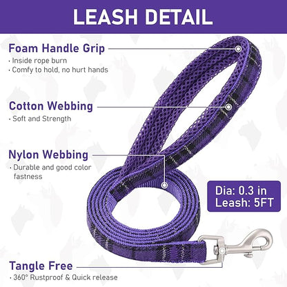 GAMUDA Small Dog Harness Collar and Leash Set, Step in No Chock No Pull Soft Mesh Adjustable Dog Vest Harnesses Plaid Reflective for Dogs Puppy Cats Kitten Rabbit (Purple, XL)