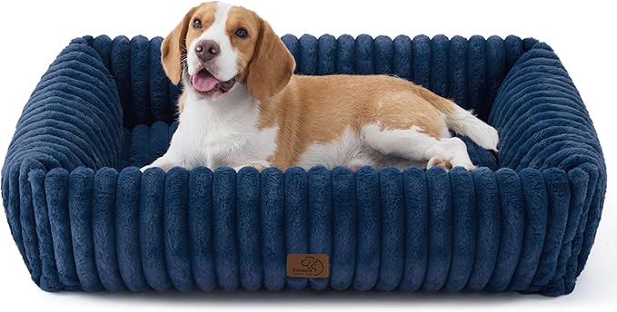 Bedsure ComfyFleece Cute Dog Beds Large Sized Dog - Washable Furry Pet Beds, Rectangle Orthopedic Corduroy Fleece Puppy Beds with Removable Zipper Cover, 36x27x8 inches,Night Blue