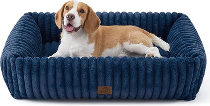 Bedsure ComfyFleece Cute Dog Beds Large Sized Dog - Washable Furry Pet Beds, Rectangle Orthopedic Corduroy Fleece Puppy Beds with Removable Zipper Cover, 36x27x8 inches,Night Blue