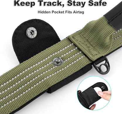 Plutus Pet Tactical Dog Collar with Tracker Pocket for AirTag, Adjustable Reflective Nylon Collar, Metal Buckle, Leather-Wrapped Handle, Soft Padded for Medium Large Dogs (Ranger Green, M)