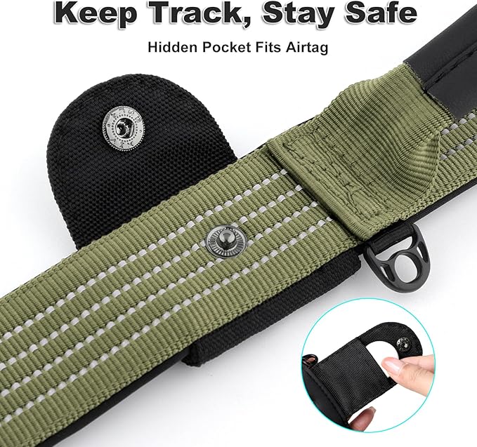 Plutus Pet Tactical Dog Collar with Tracker Pocket for AirTag, Adjustable Reflective Nylon Collar, Metal Buckle, Leather-Wrapped Handle, Soft Padded for Medium Large Dogs (Ranger Green, S)