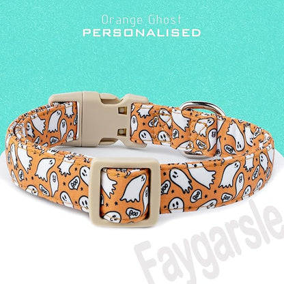 Faygarsle Halloween Ghost Pattern Dog Collar with Charm, Orange and White,for Small Medium Large Dogs M