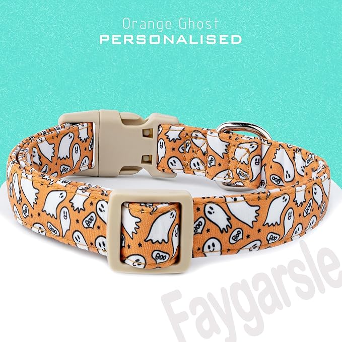 Faygarsle Halloween Ghost Pattern Dog Collar with Charm, Orange and White,for Small Medium Large Dogs L