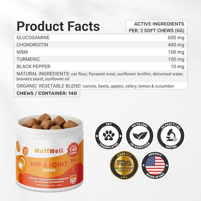 WuffWell Hip and Joint Supplement for Dogs – Natural Ingredients with Chondroitin, MSM, Turmeric, and Glucosamine – Supports Hip Dysplasia, Arthritis, and Mobility – 140 Count, Made in USA