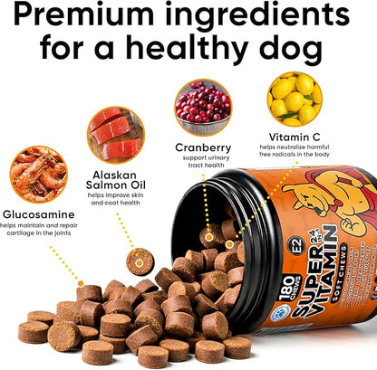 24-in-1 Dog Multivitamin with Glucosamine - Chewable Dog Vitamins and Supplements for Hip & Joints - Ideal for Immune Support and Digestive Health - Best for Senior Dogs and Puppies’ Skin & Heart