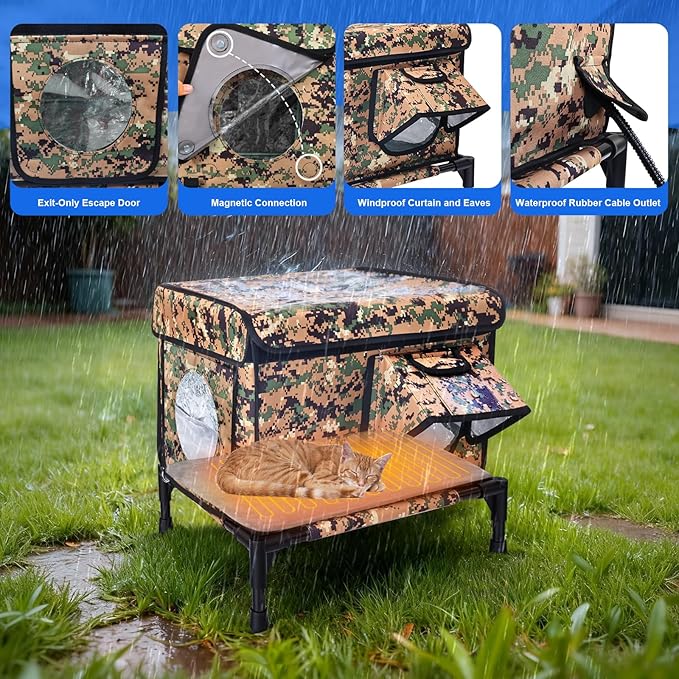 Heated Outdoor Cat House Weatherproof, Large Insulated Cat House for Indoor, Winter Stray/Feral Cat Shelter (Camouflage Cat House, Small-17×13"×12")