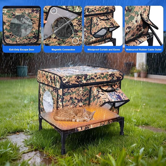 Heated Outdoor Cat House Weatherproof, Large Insulated Cat House for Indoor, Winter Stray/Feral Cat Shelter (Camouflage Cat House, Large-25.6"×16.5"×12")
