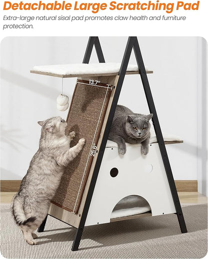 Modern Wood Cat Tree Tower for Indoor Cats Large Adult - 67 Inch Tall Multi-Level Heavy Duty Cat Condo Trees Furniture with Caves Perch Bed Scratching Board - XL Big Sturdy Wooden Kitty Climbing House