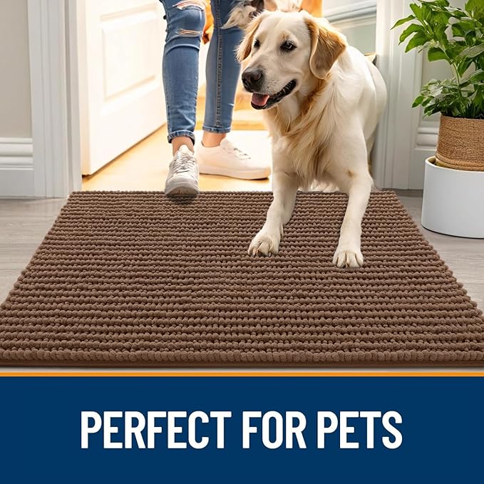 OLANLY Dog Door Mat for Muddy Paws 30x20, Ultra Absorbent Chenille Mud Doormat, Non-Slip Washable and Dirt Trapping Doormat for Indoor Entryway, Quick-Dry Indoor Pet Bed Mats for Dogs, Mocha