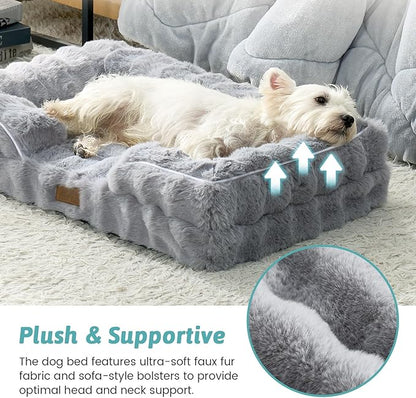 COZY KISS Orthopedic Dog Bed for Extra Large Dog, Soft and Warm Faux Fur Sofa for Giant Pet Up to 150 lbs, Foam Bolster Anti-Slip Couch with Washable Removable Cover, XXL 48x35x8 inch, Grey