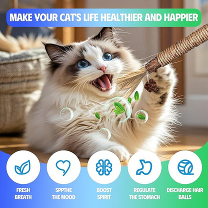 GBSYU Cat Toys Chew Rope & Silvervine Sticks for Bored Indoor Adult Cats, 4Pcs Interactive Catnip Toys for Cats with Refillable Natural Catnip Bag for Teeth Cleaning