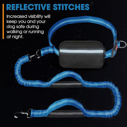 Hands Free Dog Leash with Waist Belt – No-Pull Bungee, Dual Padded Handles & Zipper Pouch for Running, Walking & Training – Adjustable Waist Leash for Large & Medium Dogs (Sky Blue)
