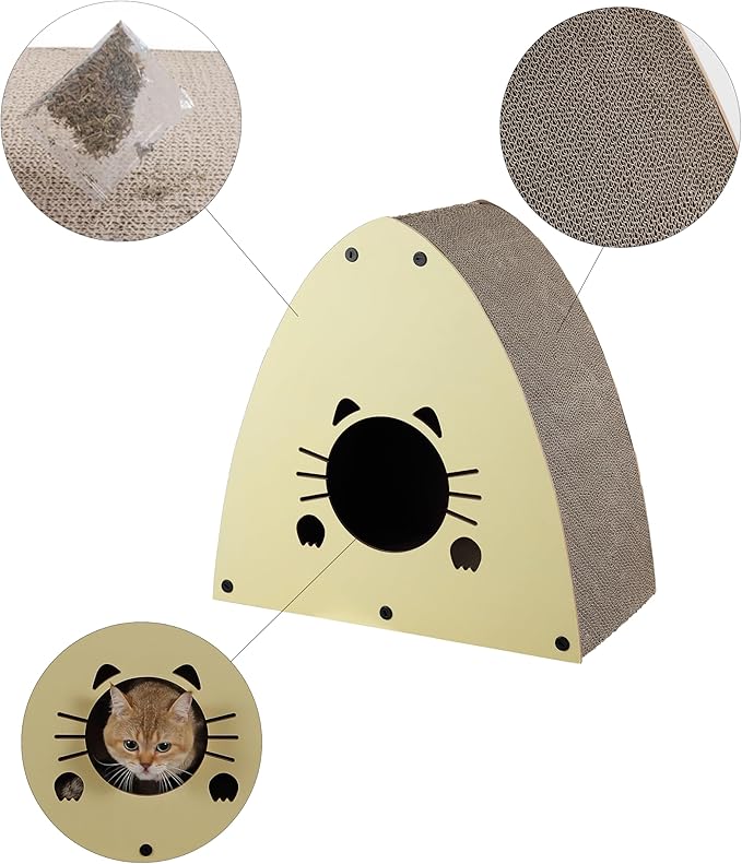 THE LICKER STORE CSR1006A Koko 19" Modern Cardboard Triangle Cat Cave Scratcher with Catnip, Almond