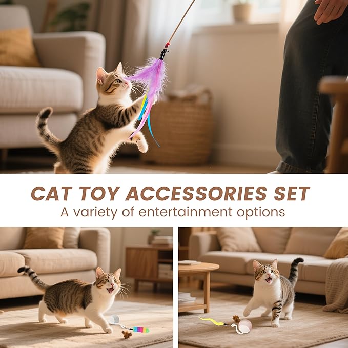 GOGODOGYA Interactive Cat Toys for Indoor Cats - Cat Ball Toy Attachment with Feather Toys and Worm Toys, Refills for Smart Exercise Cat Ball Tail