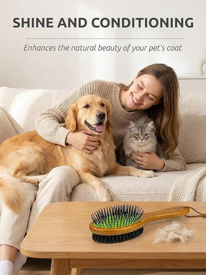 TAKAVU Pin & Bristle Pet Brush for Dogs & Cats - Double Sided Grooming Tool Detangles, Removes Loose Hair & Conditions Coat - Wood Handle