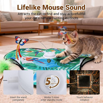 SDWUBQ Interactive Cat Toys Rechargeable,Moving Concealed Feathers,Real Mouse Squeaky,Touch Activated Cat Kitten Toy Exercise Toys for Indoor Bored Adult Cats (Green)