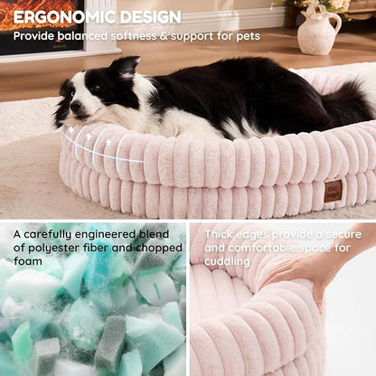 ChiXnuggle XL Dog Bed - Luxury Striped Faux Fur Waterproof Pet Couch with Removable Washable Cover, Orthopedic Dog Bed with Bolster Sides for Sleeping, Pink