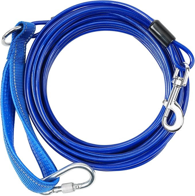 Long Leash Chew Proof, Tie Out Cable for Dogs 10/20/30/50 ft With Carabiner, Leads for Yard Medium Large Dogs, Padded Handle (Blue, 10Ft)