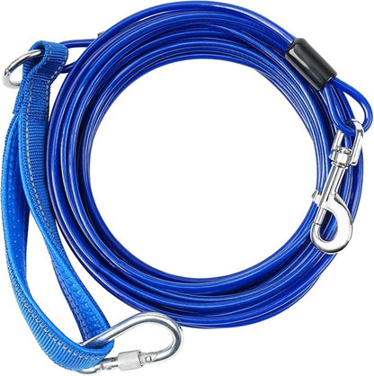 Long Leash Chew Proof, Tie Out Cable for Dogs 10/20/30/50 ft With Carabiner, Leads for Yard Medium Large Dogs, Padded Handle (Blue, 10Ft)