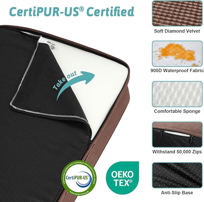 COZY KISS Dog Beds for Extra Large Dog, XXL Bolster Pet Couch with Waterproof Lining, Egg Crate Foam Sofa for Pets Up to 150 lbs, U-Shaped, 48x35x8 inch, Brown