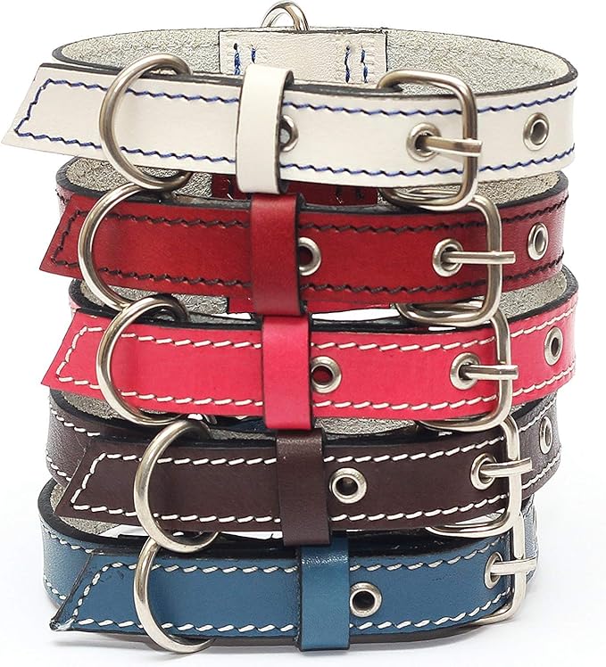 Premium Leather Collars with Stainless Steel Buckles (12"-15", Pink)
