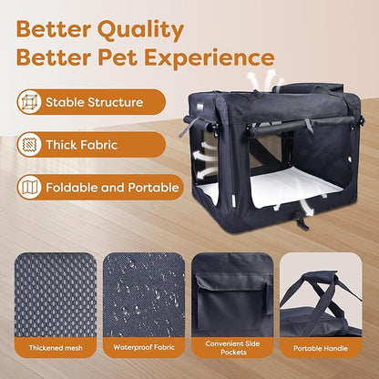 JESPET Soft Dog Crates Kennel for Pets, 3 Door Soft Sided Folding Travel Pet Carrier with Straps and Fleece Mat for Dogs, Cats (Graphite Black, X-Large(36" L x 24" W x 27" H))