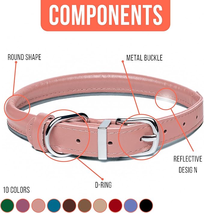 OOPSDOGGY Rolled Leather Dog Collar Reflective Roll Collars for Small Medium Large Dogs Puppy (Blush, XS, 8''- 11'')