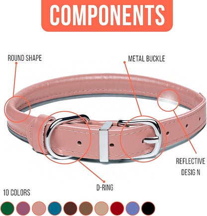 OOPSDOGGY Rolled Leather Dog Collar Reflective Roll Collars for Small Medium Large Dogs Puppy (Blush, XXS, 7''- 9'')