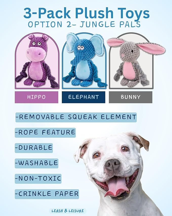 Leash and Leisure Plush Dog Toys, 3-Pack Variety Set with Squeaker, Crinkle Paper, Rope, Non-Toxic, Soft & Durable, Teething Puppy Toys- Farm Friends or Jungle Pals, 9.45 x 3.94 inches (Jungle Pals)