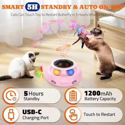 Pawtners Interactive Cat Toy 4 in 1 Automatic Cat Toy for Indoor Cats, Electric Kitten Toy with Rechargeable Battery, Self Play Kitty Toys with Fluttering Butterfly, Track Ball and Feather Pack, Pink
