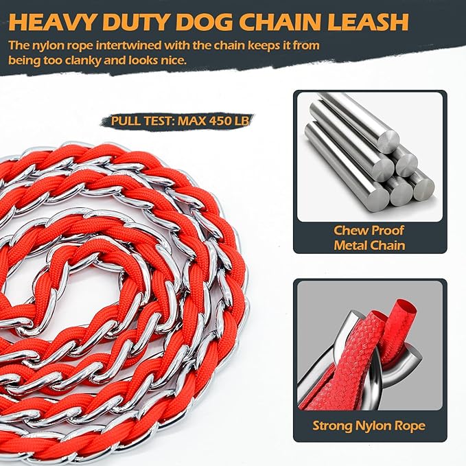 Dog Leash Chew Proof, Chain Leash Anti Chew Dog Leash for Large Dogs Heavy Duty, Indestructible Metal Leash Anti Bite Chain Link with Woven Cord Soft Padded Handle (Red, 4FT)