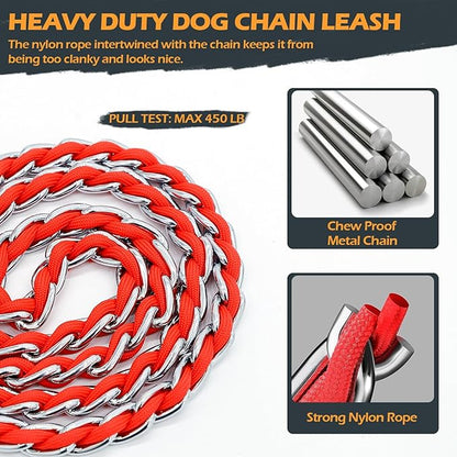 Chew Proof Metal Leash Chain Dog Leash for Medium Large Dogs, Chain Link Anti Chew 5.2FT Strong Anti Bite Comfortable Soft Padded Handle red