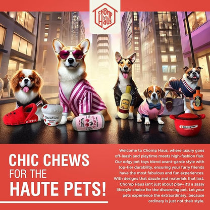 Chomp Haus Uncle Poochest – Luxurious Plush Dog Toy with Squeaker, Premium Fabric, Embroidered Details, Designer-Inspired Chew Toy, Fun Gift for Small to Medium Dogs & Dog Lovers